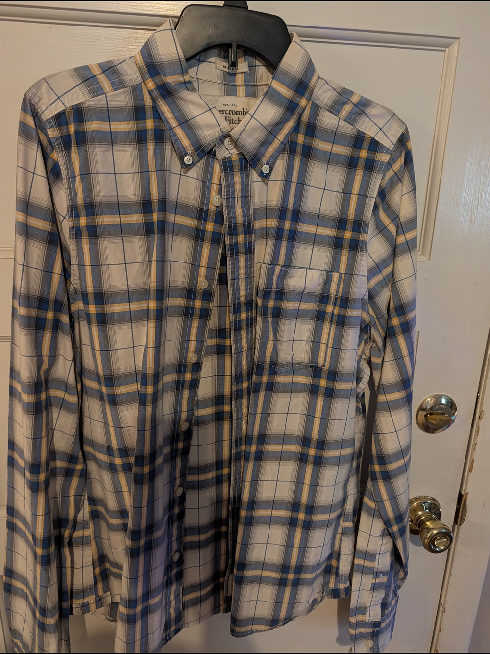 Abercrombie & Fitch White, Blue & Tan Plaid Button-Down Shirt